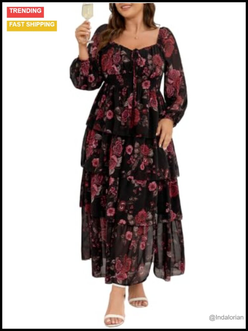 Plus Size Maxi Dress Long Sleeve Tiered Chiffon Wedding Guest